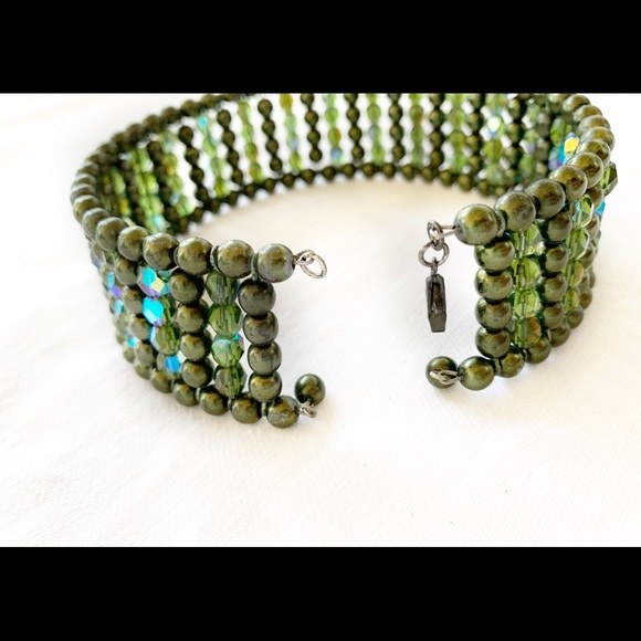 Green pearl & crystal wide choker necklace - Picture 7 of 7